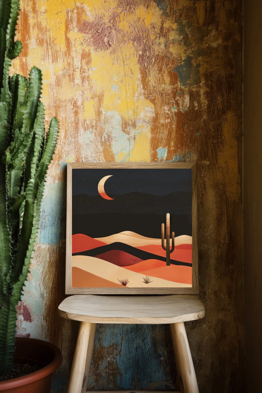 Digitale Kunst Poster Kaktus Mond minimalistisch braun orange