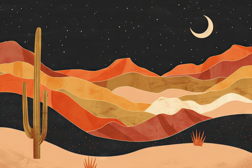 Illustration Poster Kaktus Wüste Nacht warm