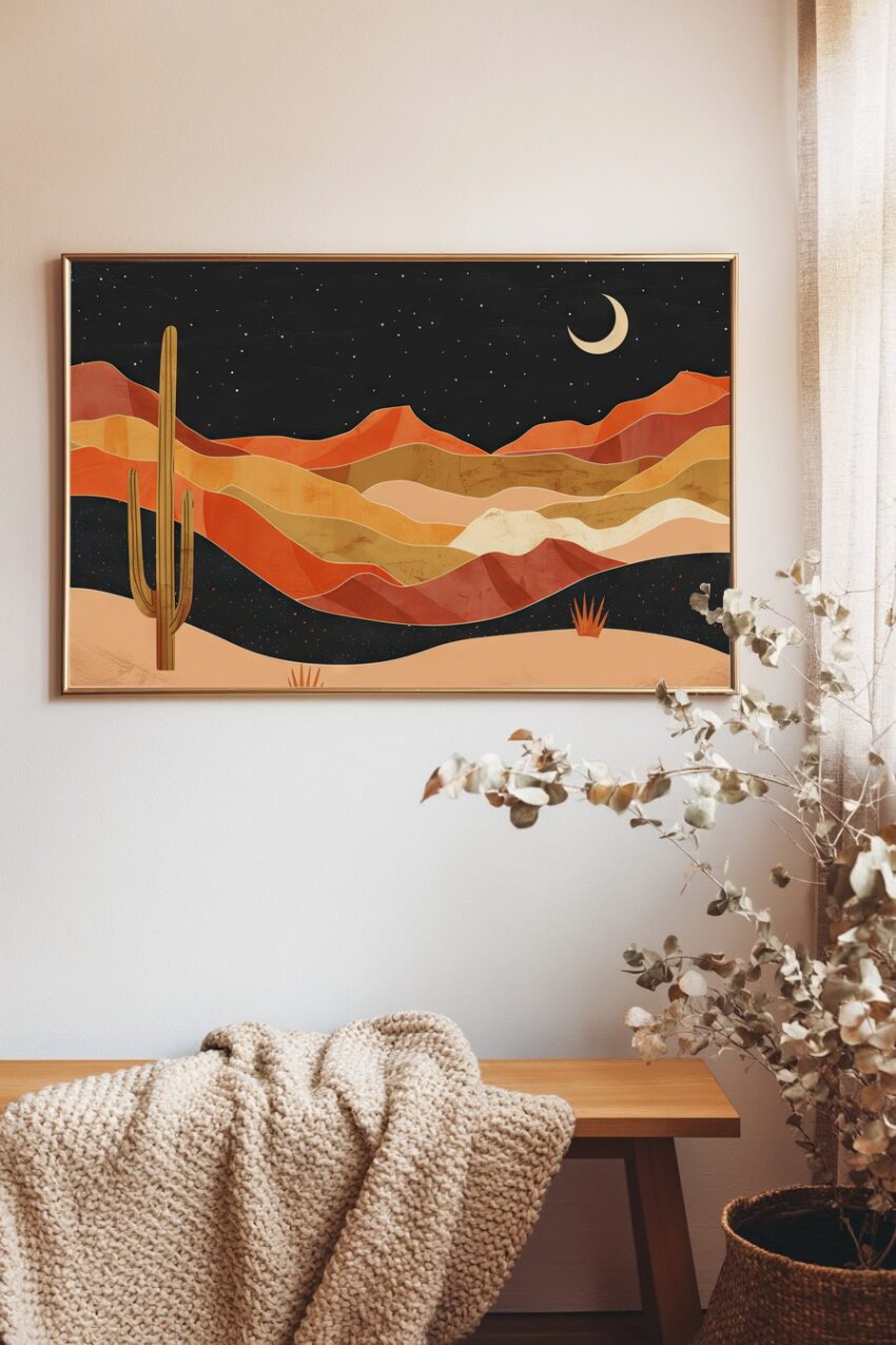 Illustration Poster Kaktus Wüste Nacht warm