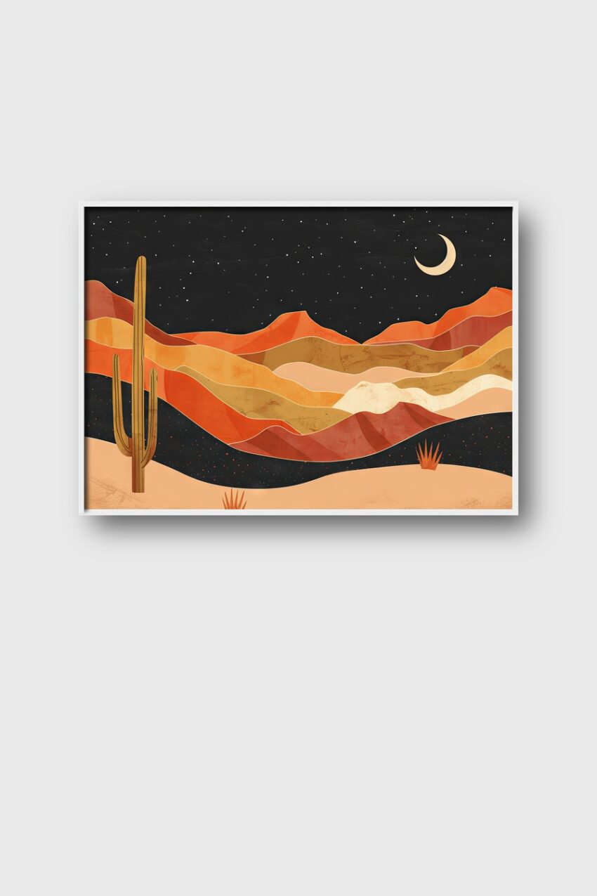 Illustration Poster Kaktus Wüste Nacht warm