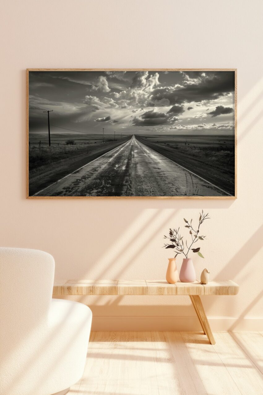 Fotografie Poster Landstraße monochrom Wolken Perspektive