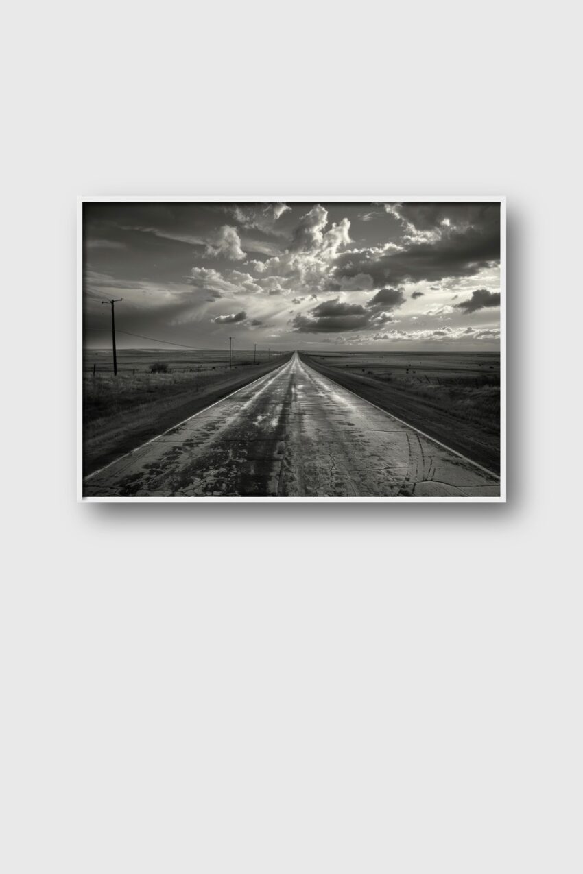 Fotografie Poster Landstraße monochrom Wolken Perspektive