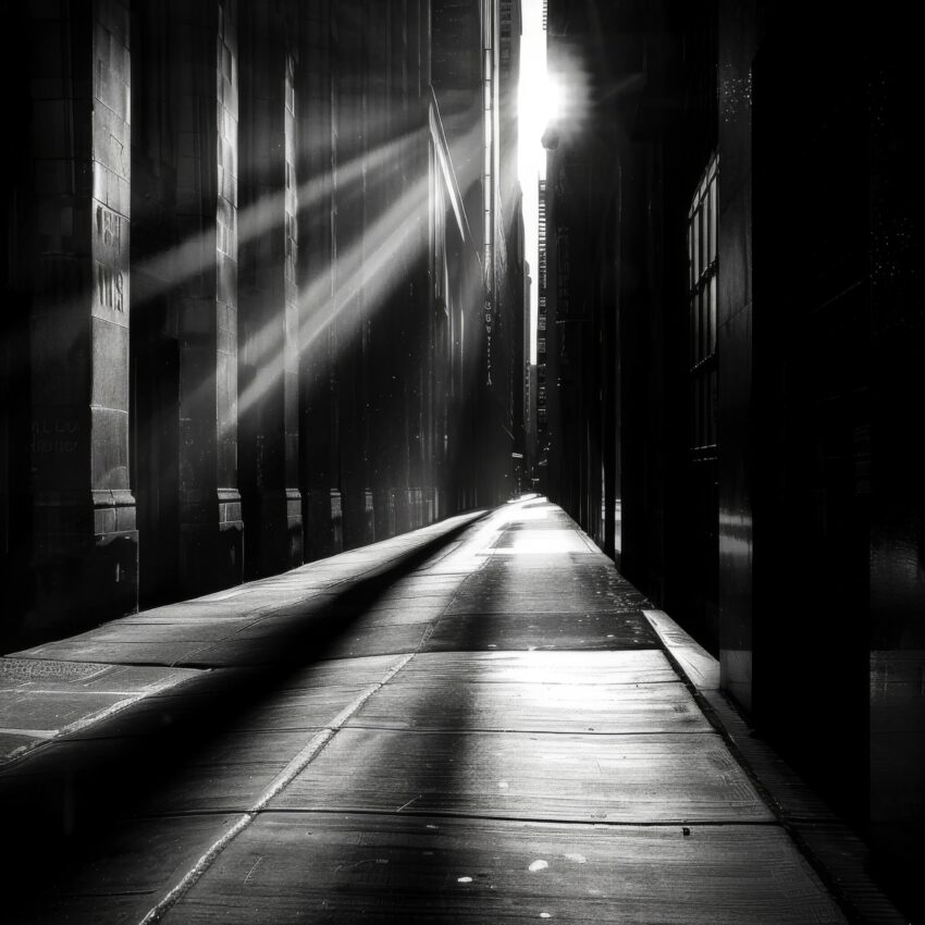 Fotografie Poster Gasse Lichtstrahlen schwarz-weiß schatten