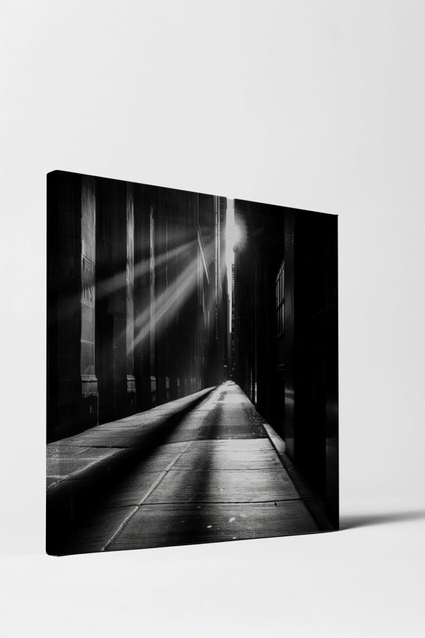 Fotografie Poster Gasse Lichtstrahlen schwarz-weiß schatten