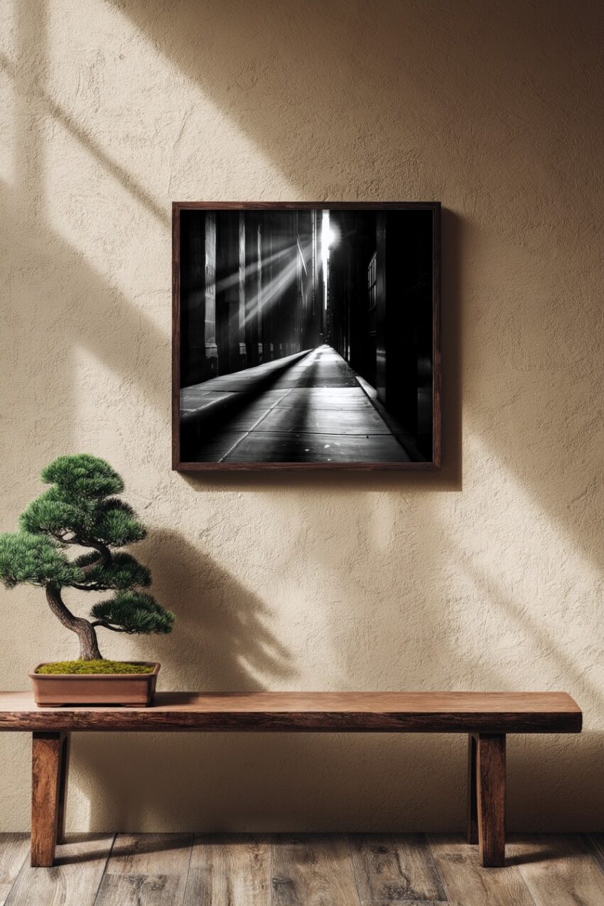 Fotografie Poster Gasse Lichtstrahlen schwarz-weiß schatten