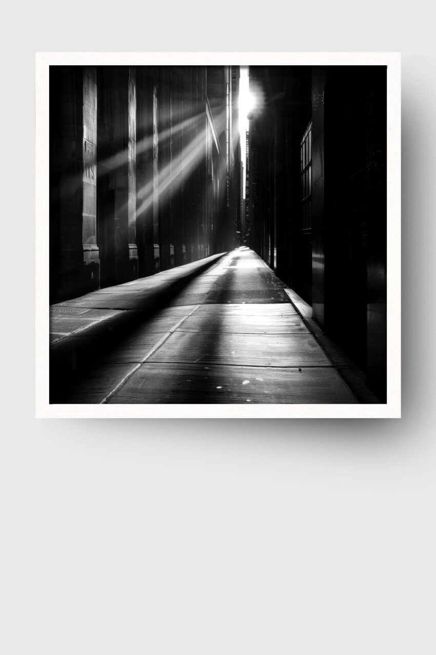 Fotografie Poster Gasse Lichtstrahlen schwarz-weiß schatten