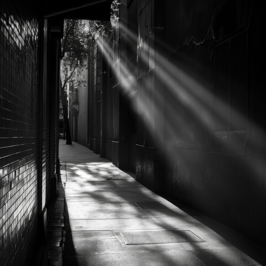 Fotografie Poster Lichtstrahlen Gasse schwarz-weiß urban