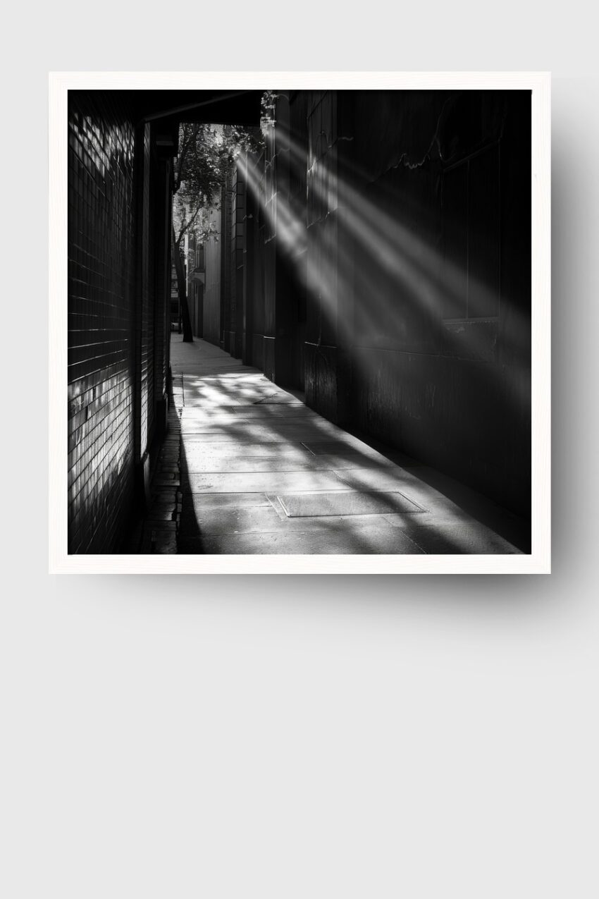 Fotografie Poster Lichtstrahlen Gasse schwarz-weiß urban
