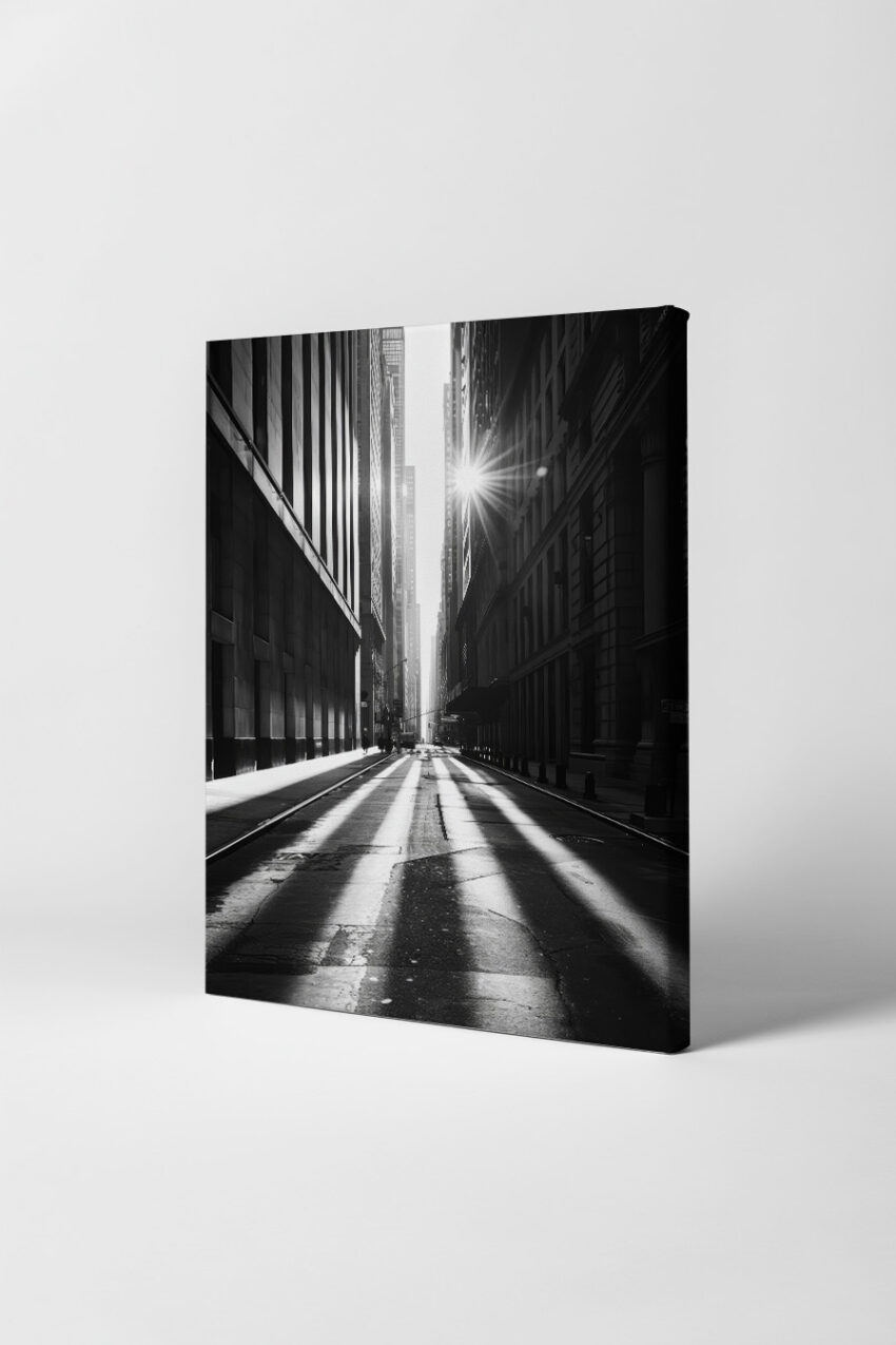 Fotografie Poster Straße Sonnenstrahlen schwarz-weiß urban