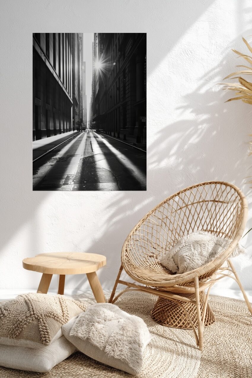 Fotografie Poster Straße Sonnenstrahlen schwarz-weiß urban