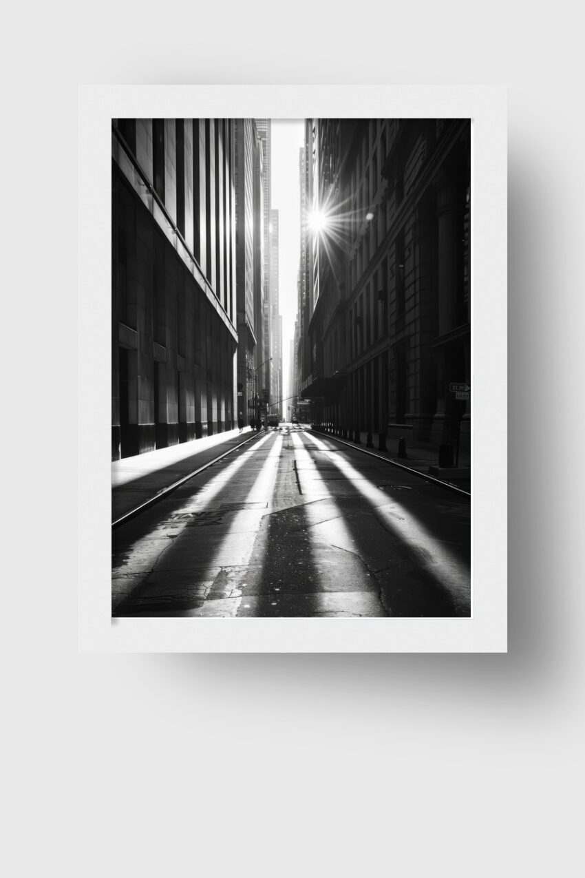 Fotografie Poster Straße Sonnenstrahlen schwarz-weiß urban