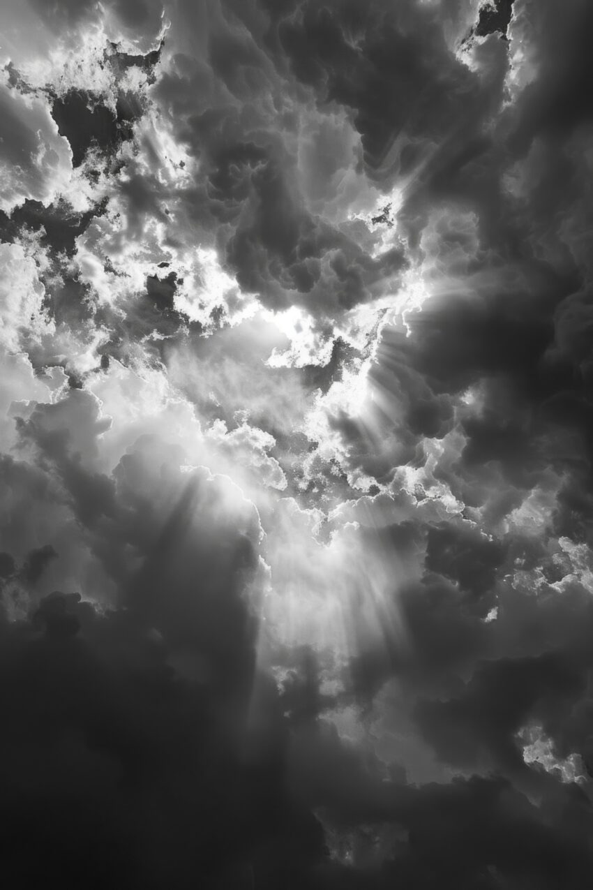 Fotografie Poster wolken lichtstrahlen kontrast schwarz-weiß