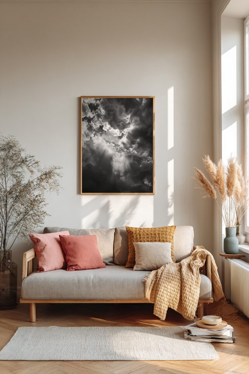 Fotografie Poster wolken lichtstrahlen kontrast schwarz-weiß