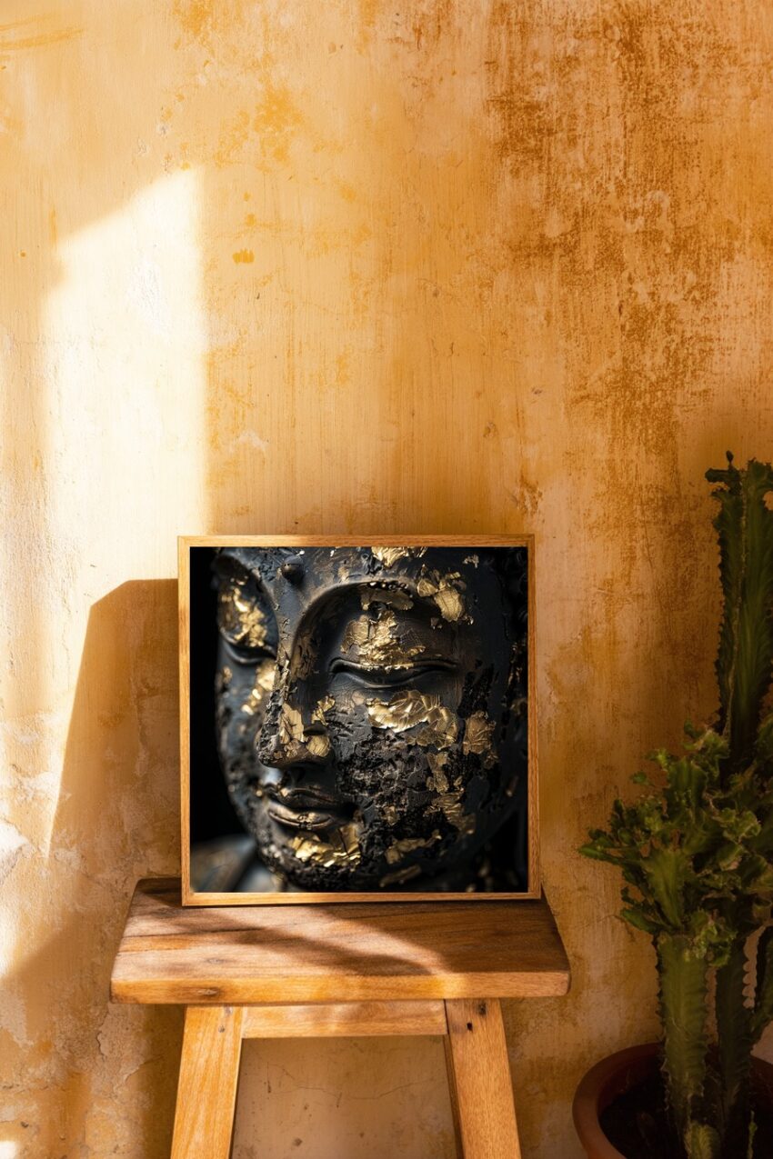 Fotografie Poster Buddha Goldblatt antik schwarz-gold
