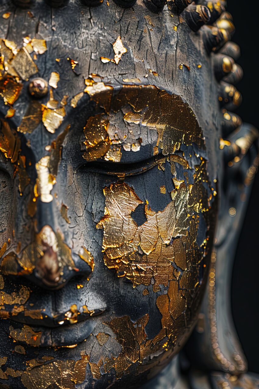Fotografie Poster Buddha Gesicht Blattgold antik dunkel gold