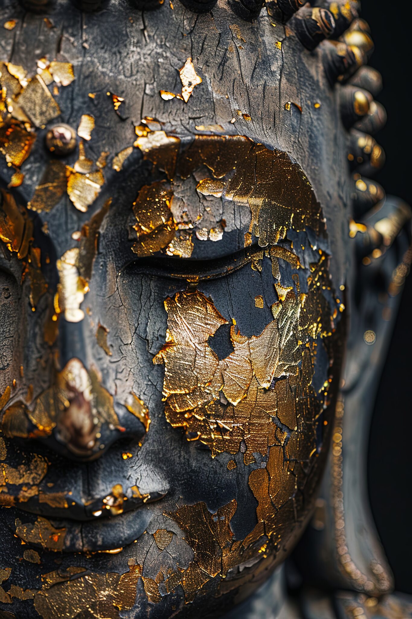 Fotografie Poster Buddha Gesicht Blattgold antik dunkel gold