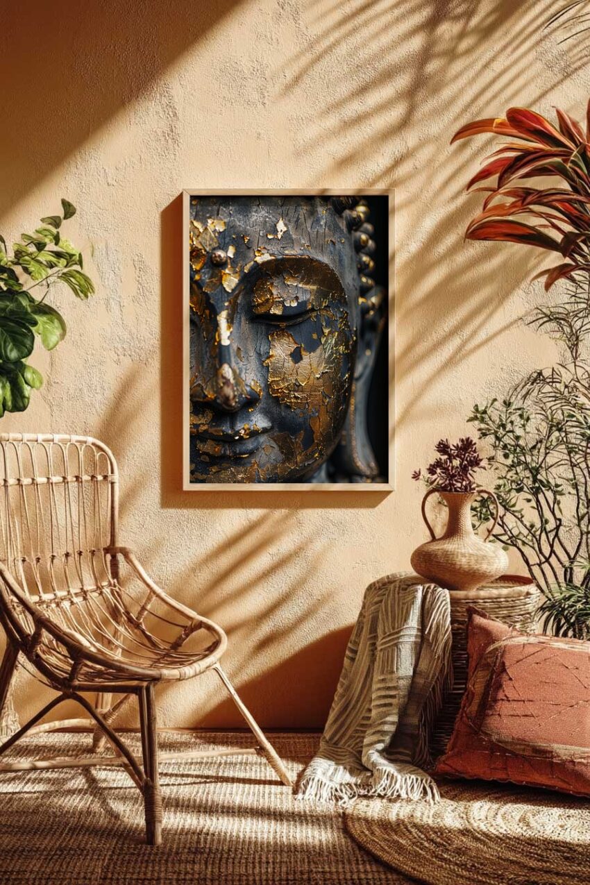 Fotografie Poster Buddha Gesicht Blattgold antik dunkel gold