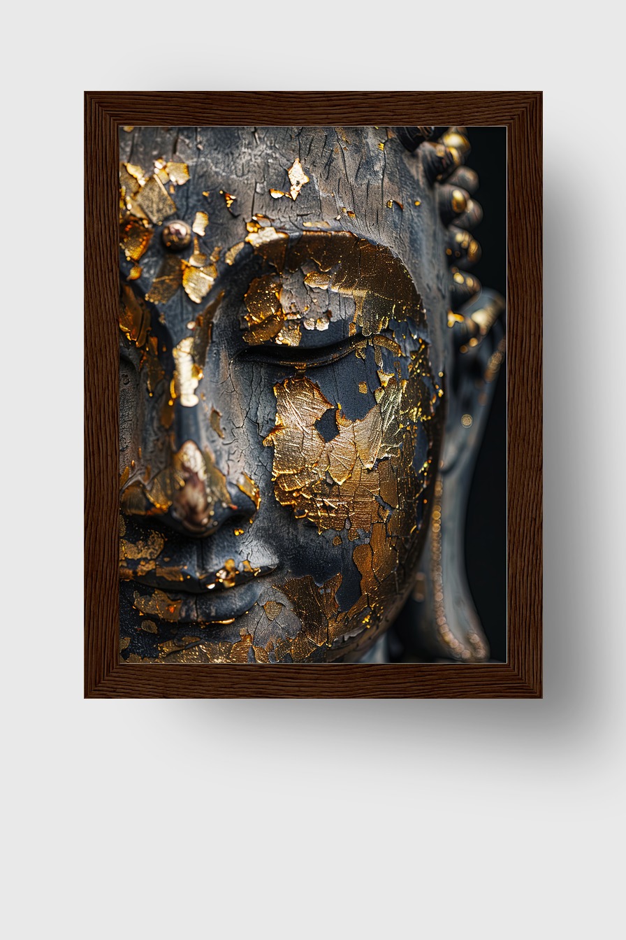 Fotografie Poster Buddha Gesicht Blattgold antik dunkel gold