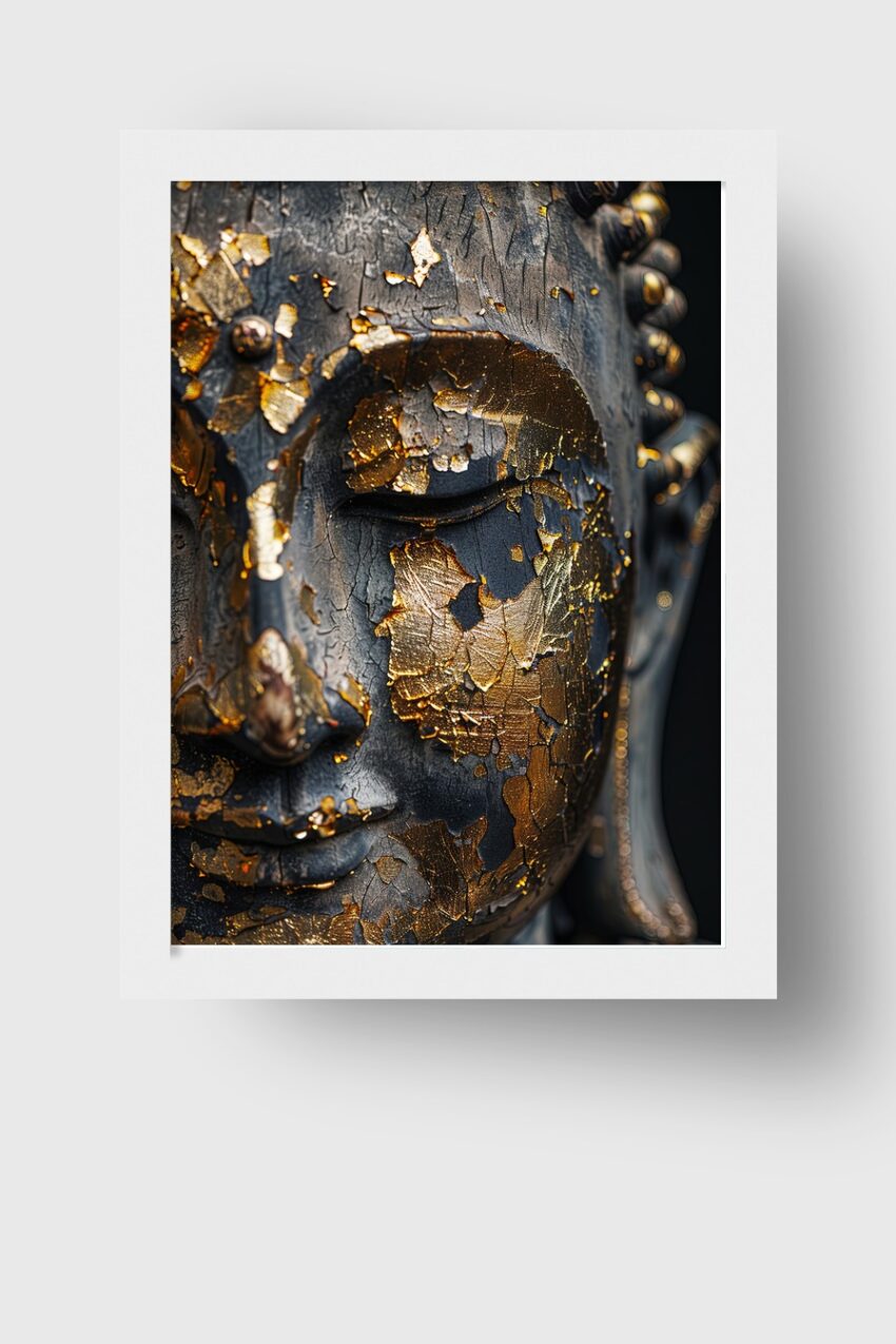 Fotografie Poster Buddha Gesicht Blattgold antik dunkel gold