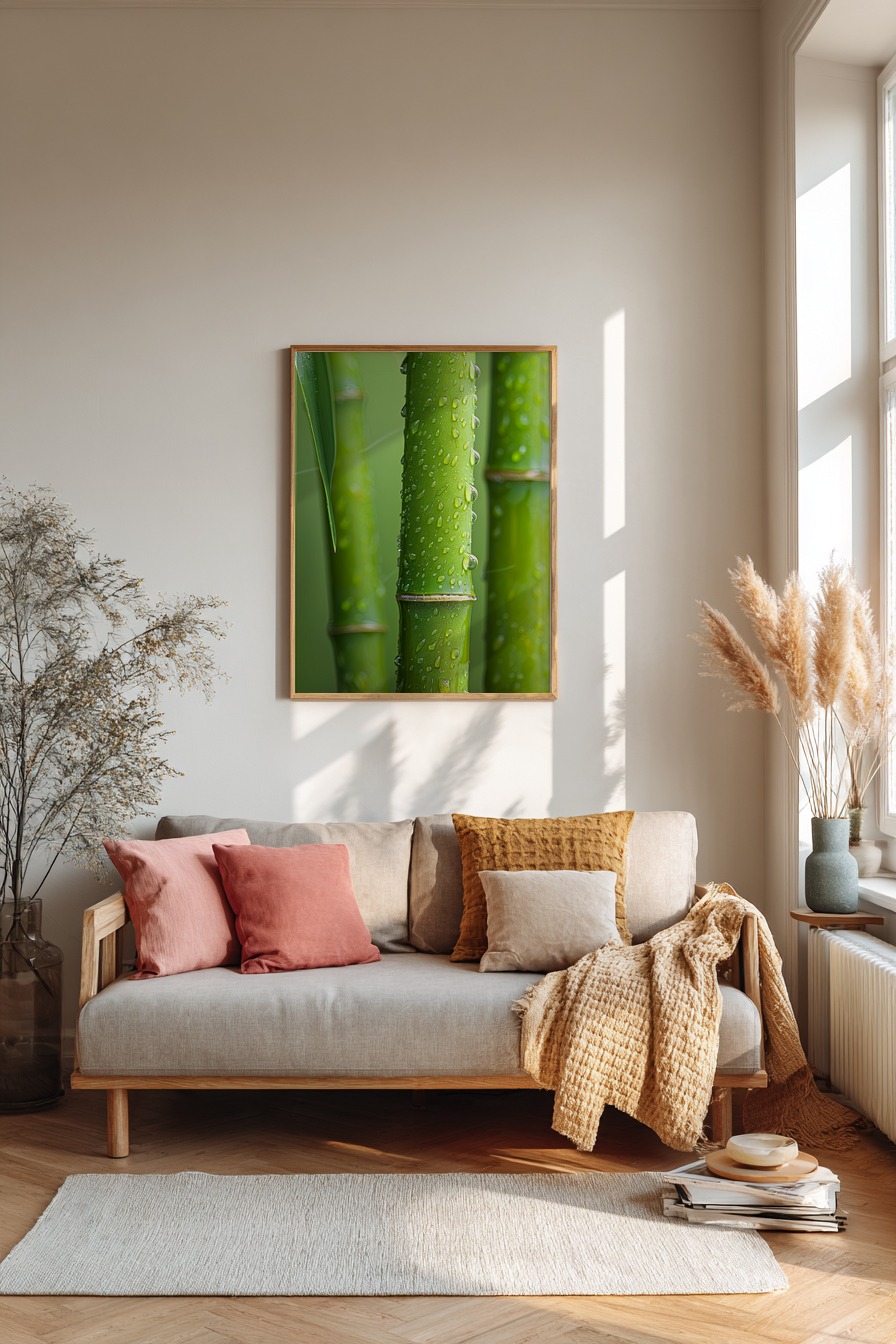 Fotografie Poster Bambus Wassertropfen grün klar