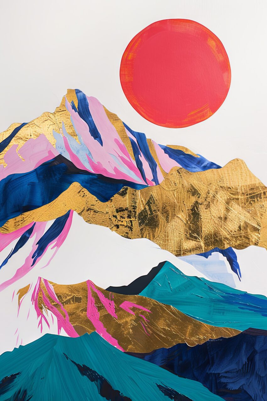 Grafik Poster Berg gold rot Sonne abstrakt