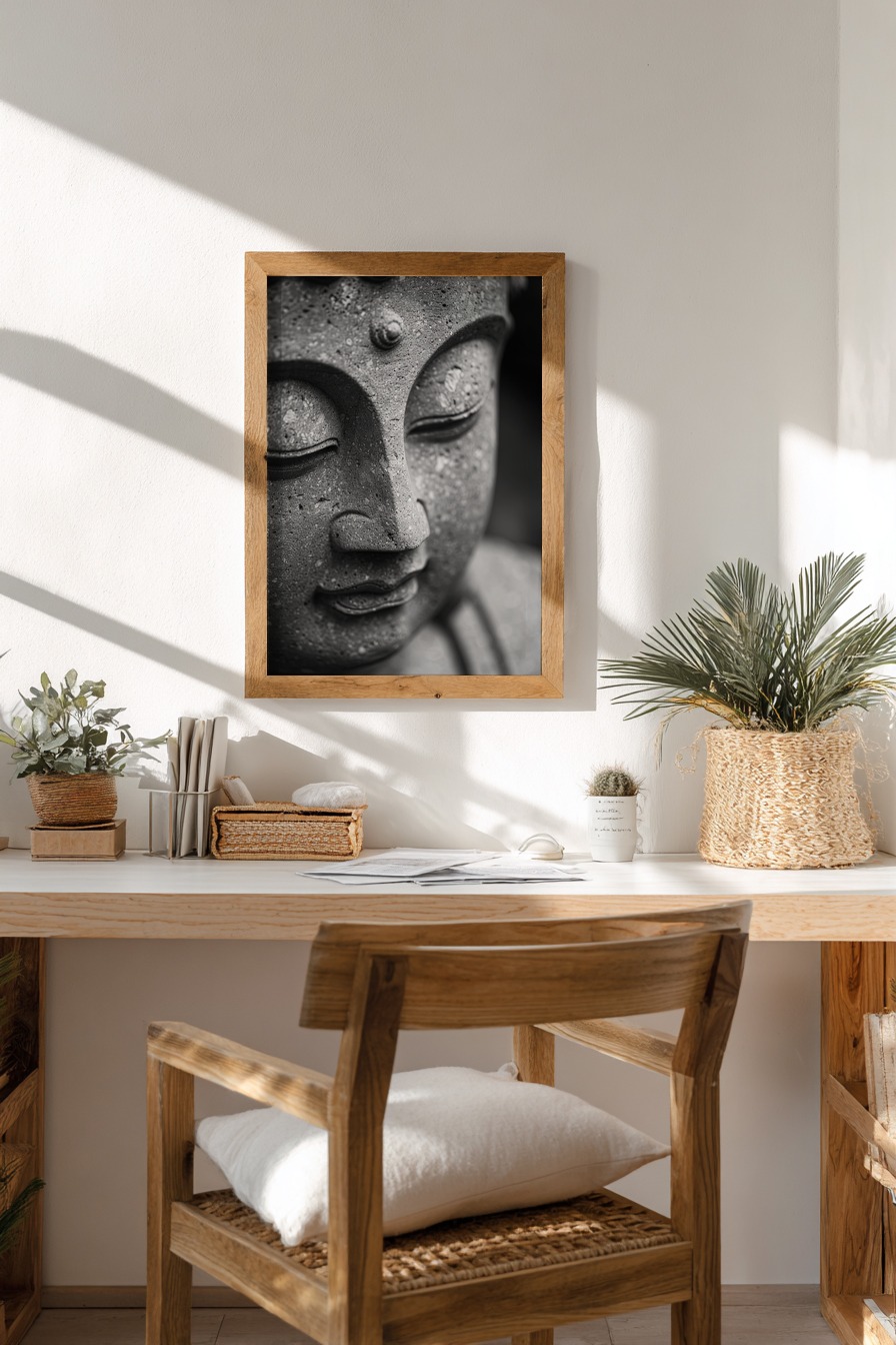 Fotografie Poster Buddha Skulptur schwarz-weiß meditativ
