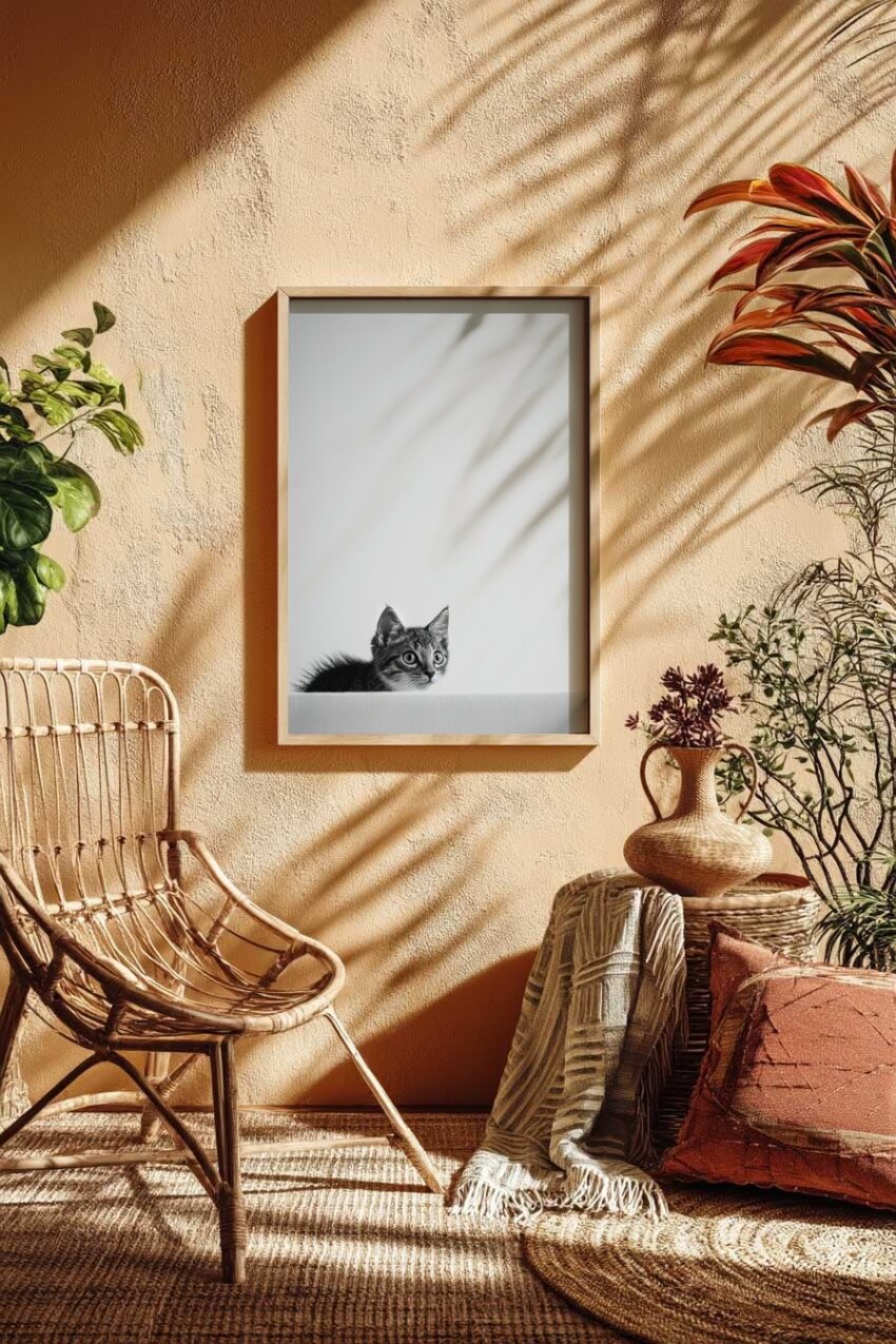 Fotografie Poster Katze schwarz-weiß konzentriert wachsam
