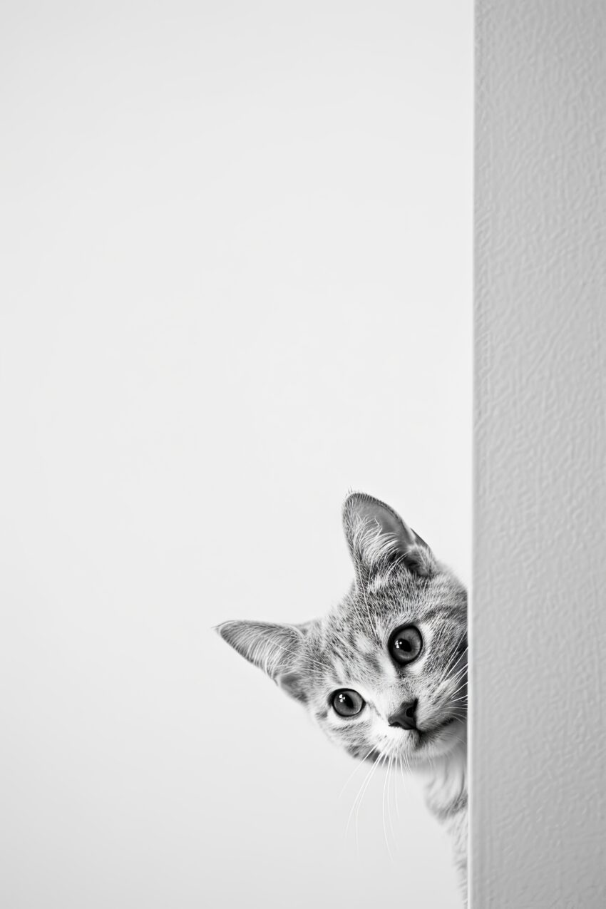 Fotografie Poster Katze neugierig schwarz-weiß minimal