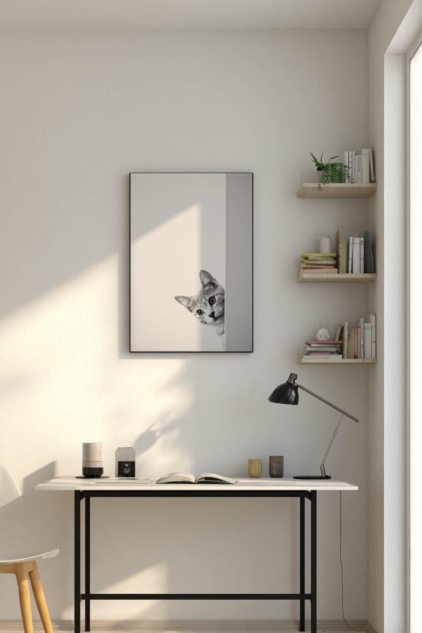 Fotografie Poster Katze neugierig schwarz-weiß minimal