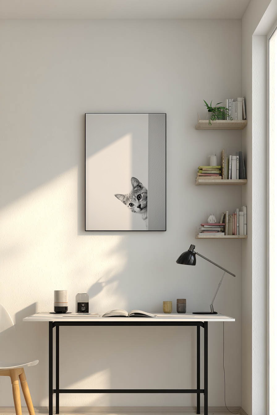 Fotografie Poster Katze neugierig schwarz-weiß minimal
