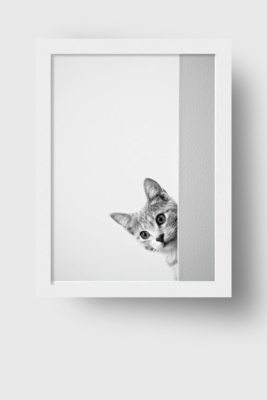 Fotografie Poster Katze neugierig schwarz-weiß minimal