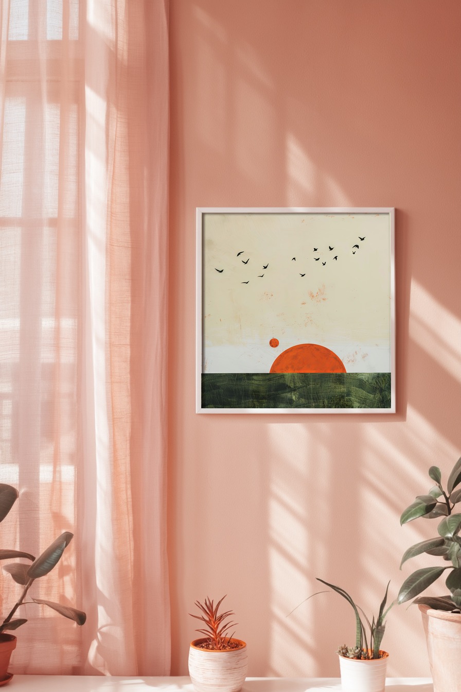 Abstrakt Poster Sonne Vögel rot schwarz