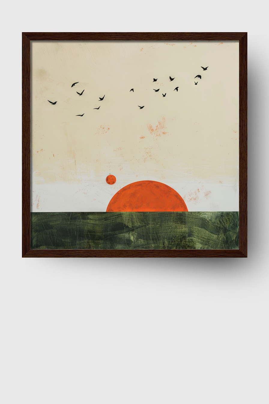 Abstrakt Poster Sonne Vögel rot schwarz