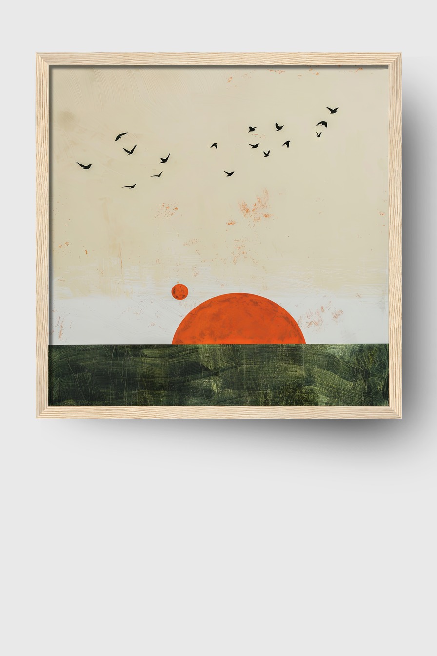 Abstrakt Poster Sonne Vögel rot schwarz