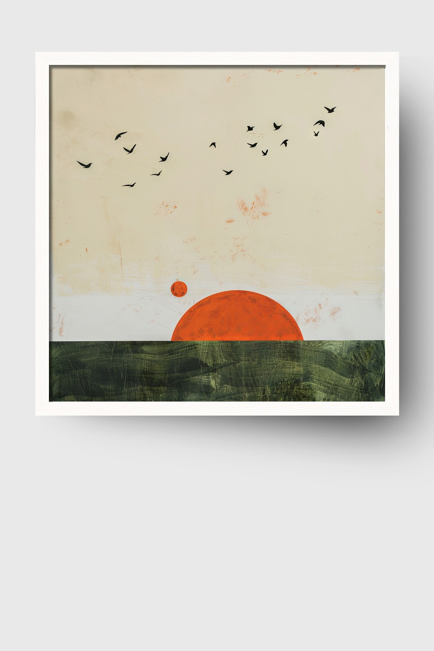 Abstrakt Poster Sonne Vögel rot schwarz
