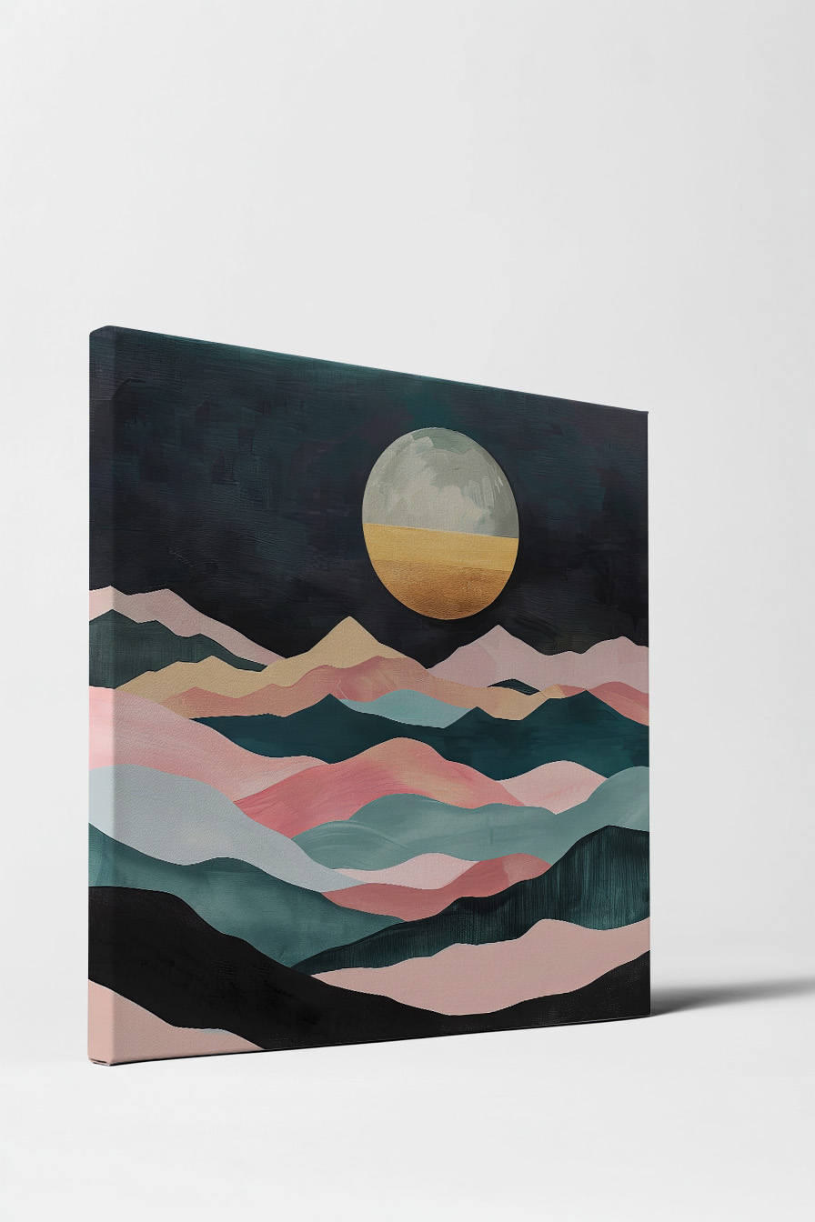 Abstrakt Poster Mond gold halb pastellfarbene Berge