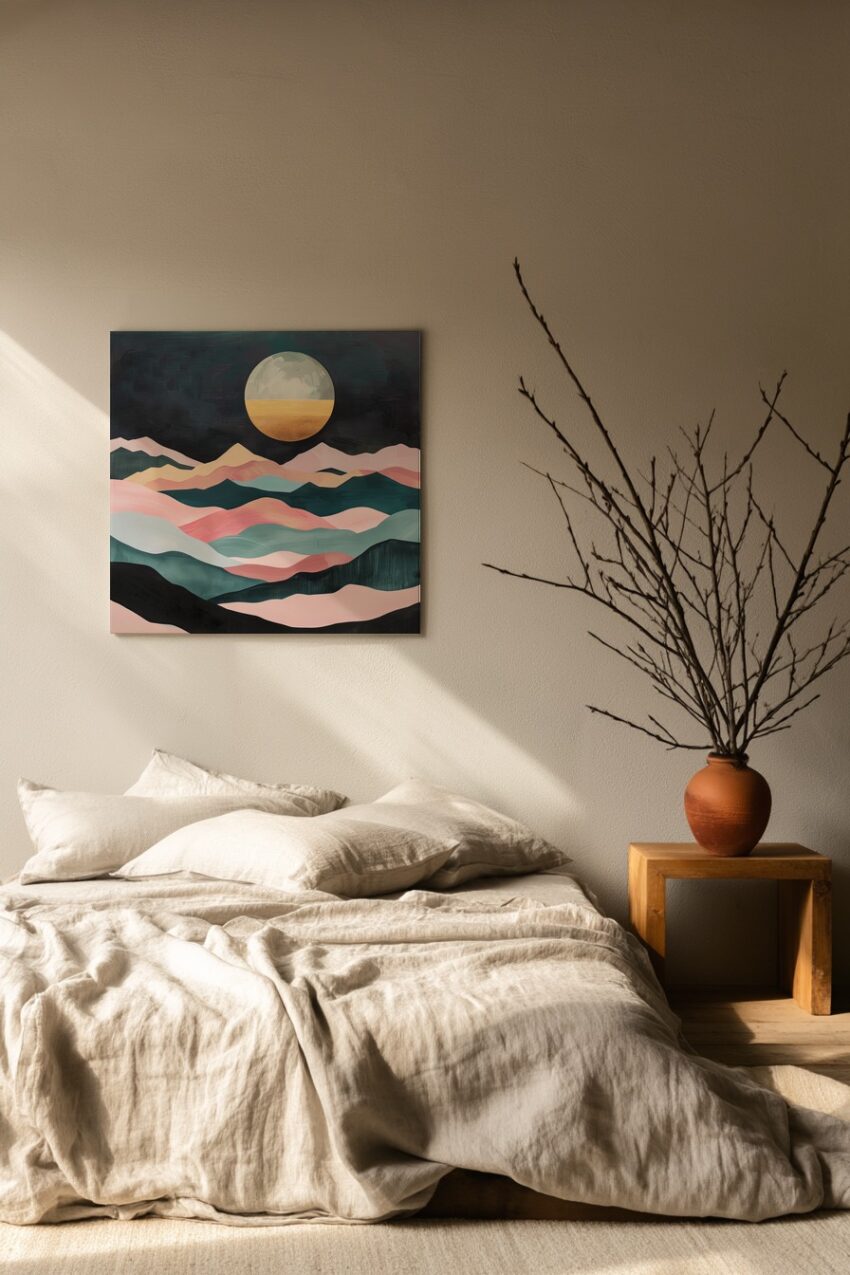 Abstrakt Poster Mond gold halb pastellfarbene Berge