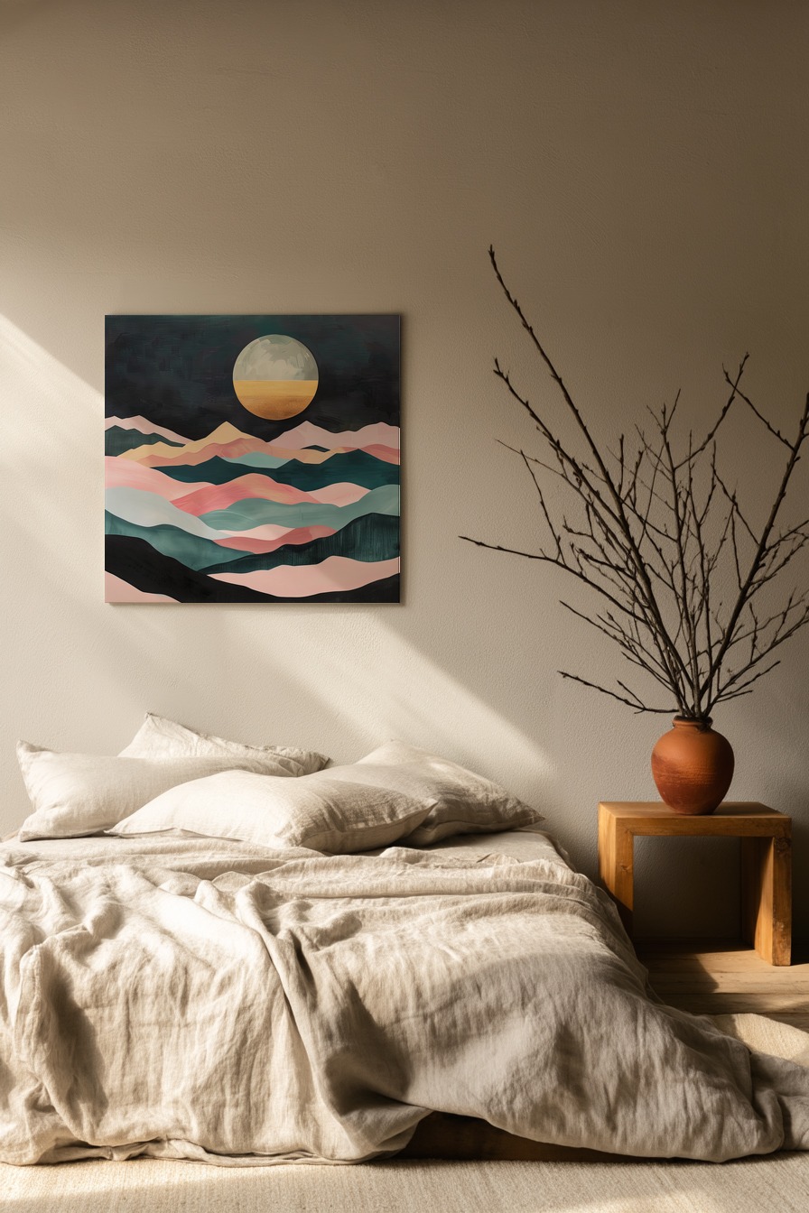 Abstrakt Poster Mond gold halb pastellfarbene Berge