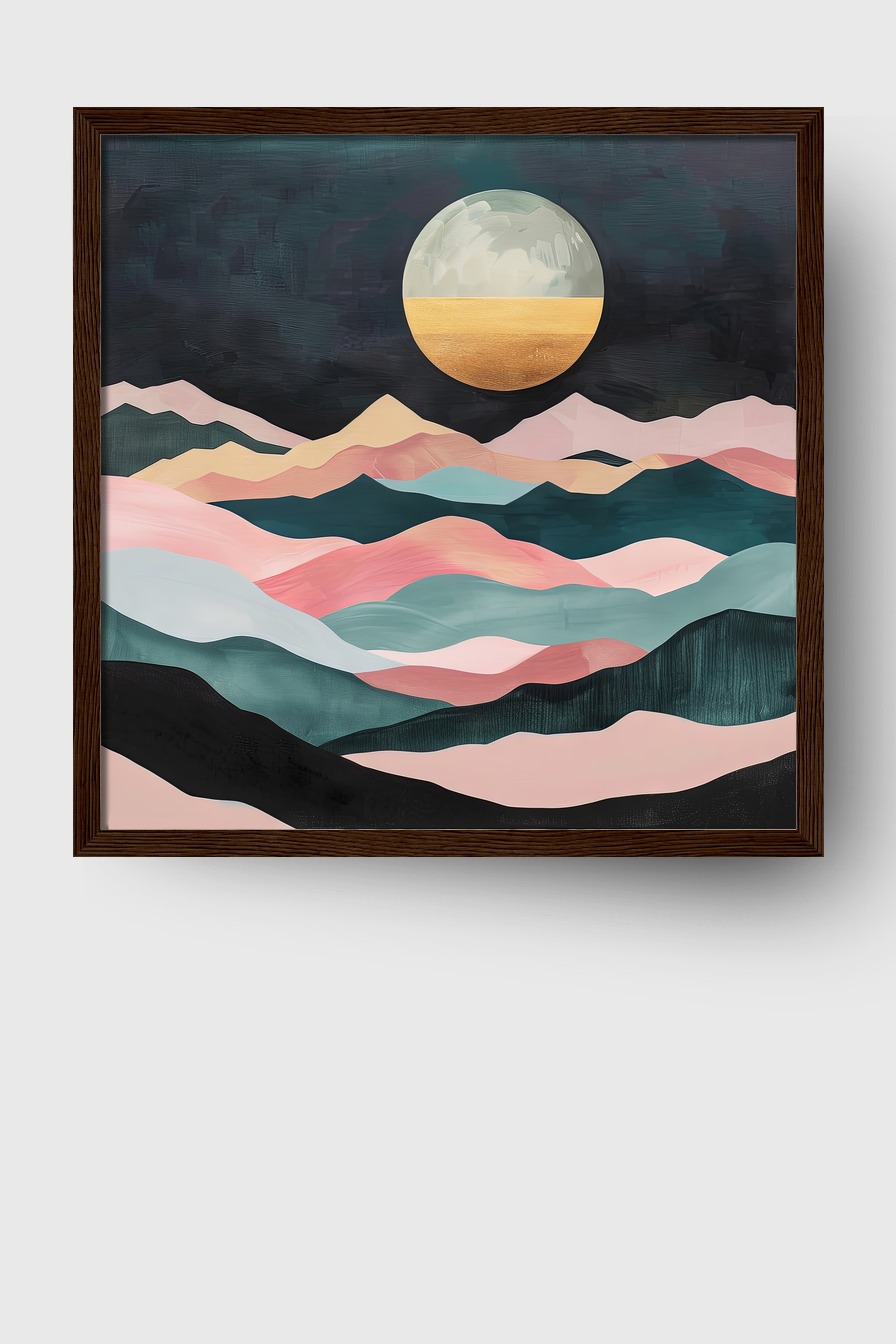 Abstrakt Poster Mond gold halb pastellfarbene Berge