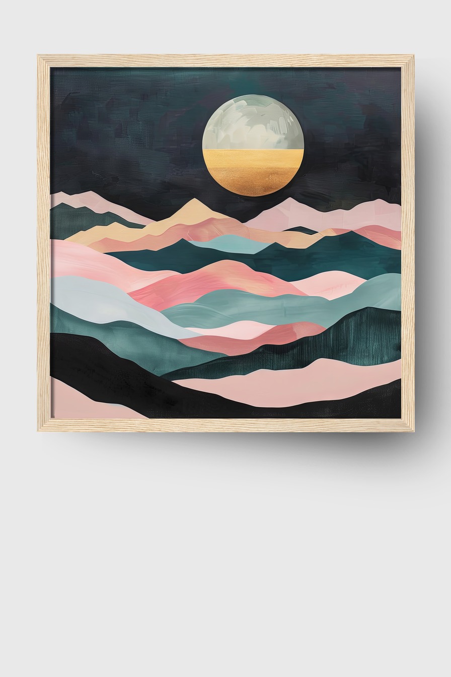 Abstrakt Poster Mond gold halb pastellfarbene Berge