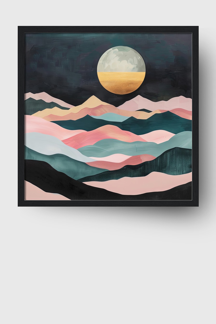 Abstrakt Poster Mond gold halb pastellfarbene Berge