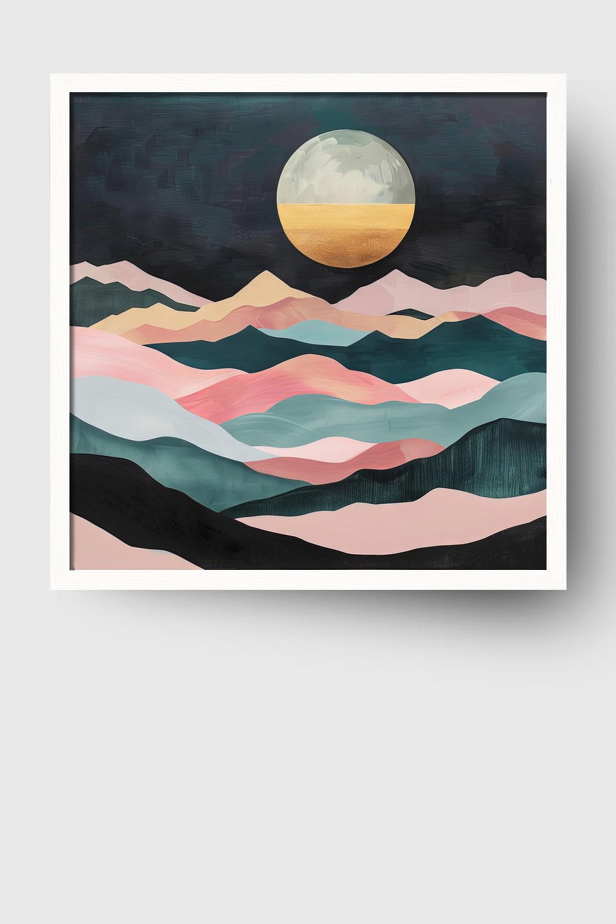 Abstrakt Poster Mond gold halb pastellfarbene Berge