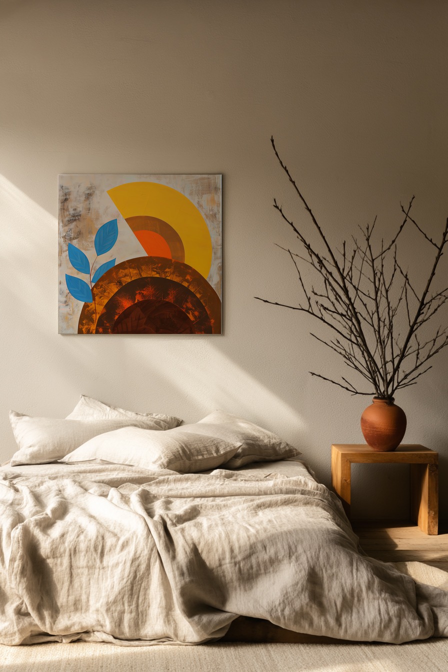 Illustration Poster Blätter blau abstrakt Halbkreise warm