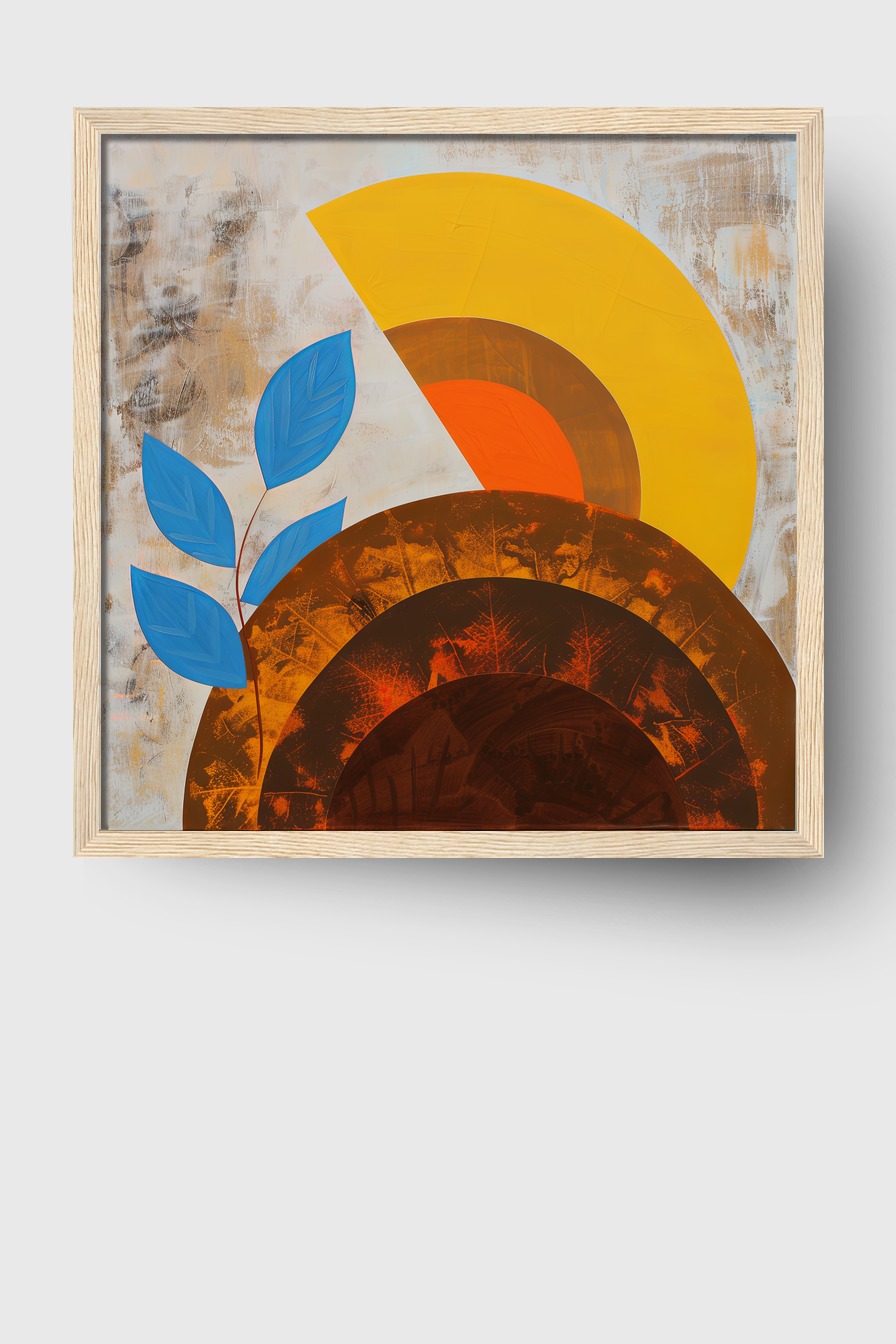 Illustration Poster Blätter blau abstrakt Halbkreise warm