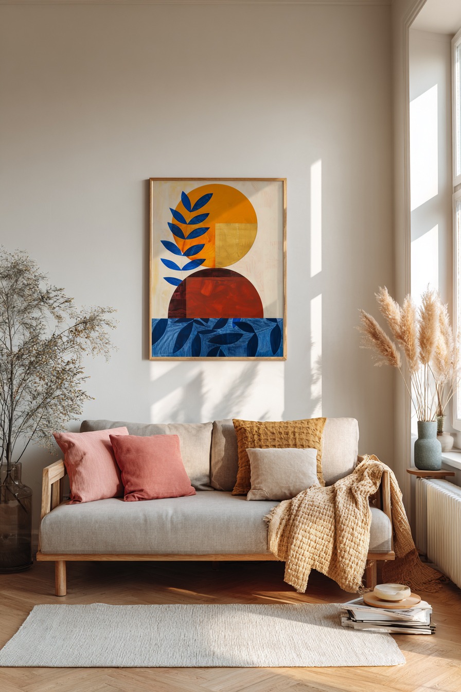 Grafik Poster Blatt blau Kreis orange rot minimalistisch