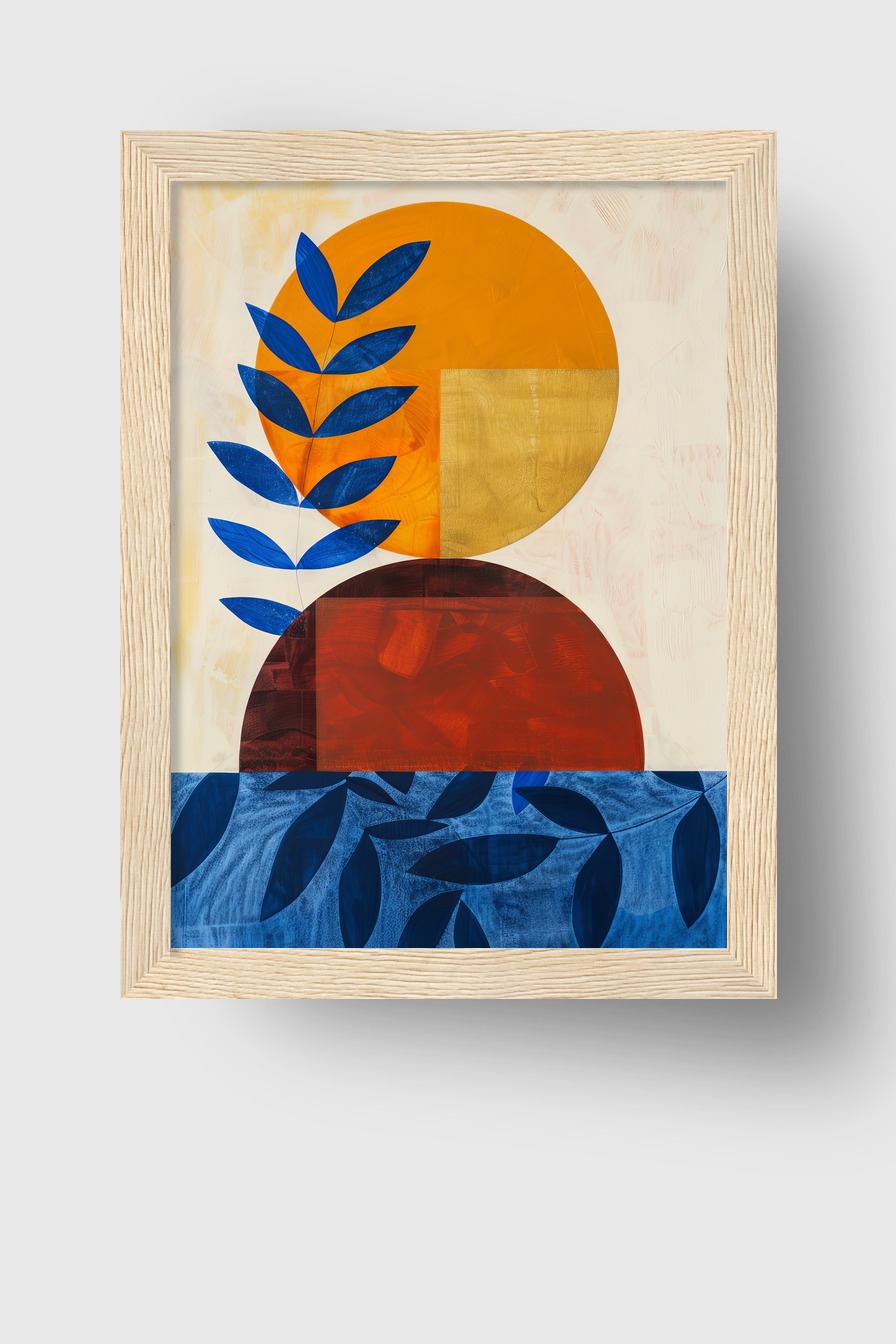 Grafik Poster Blatt blau Kreis orange rot minimalistisch