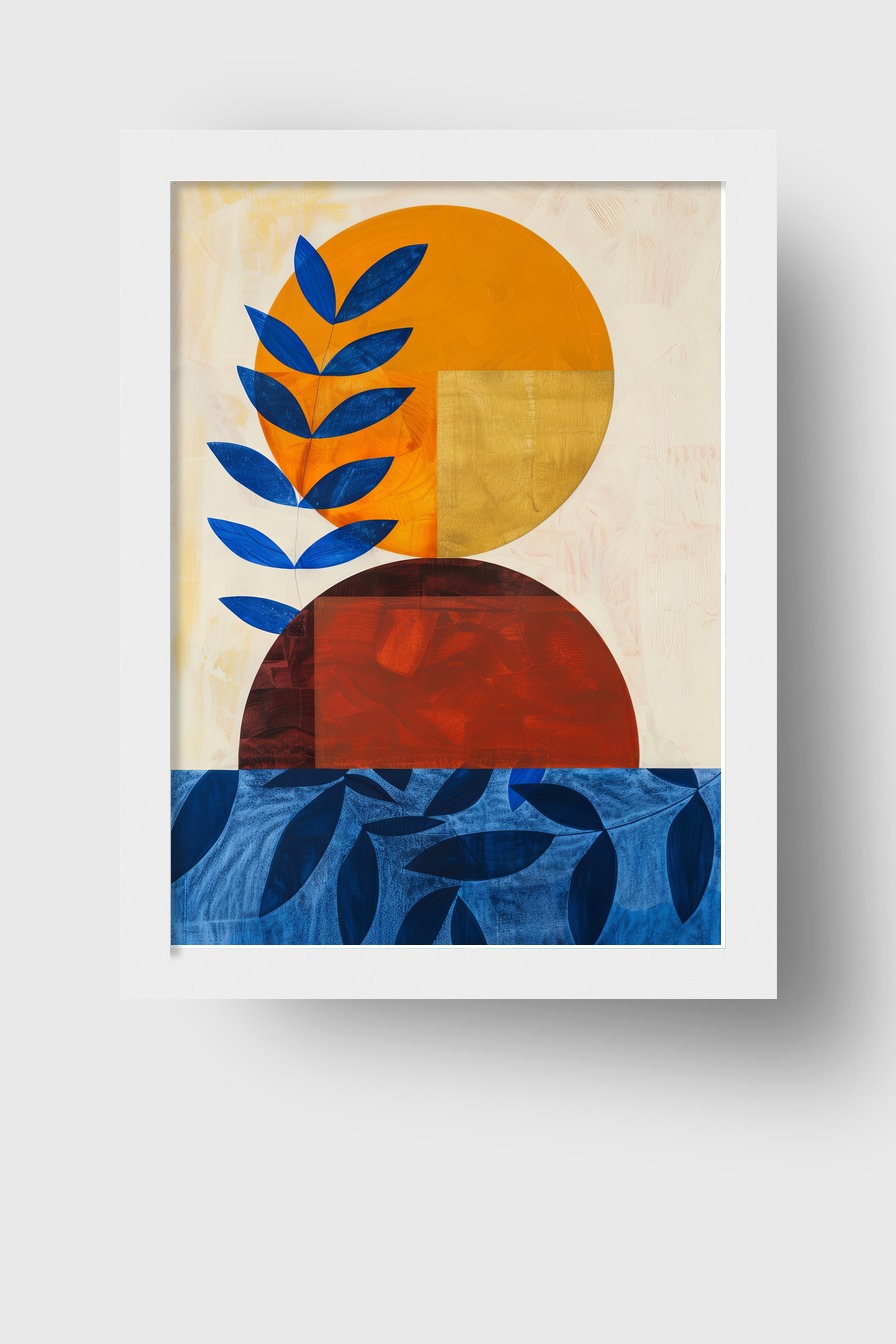 Grafik Poster Blatt blau Kreis orange rot minimalistisch
