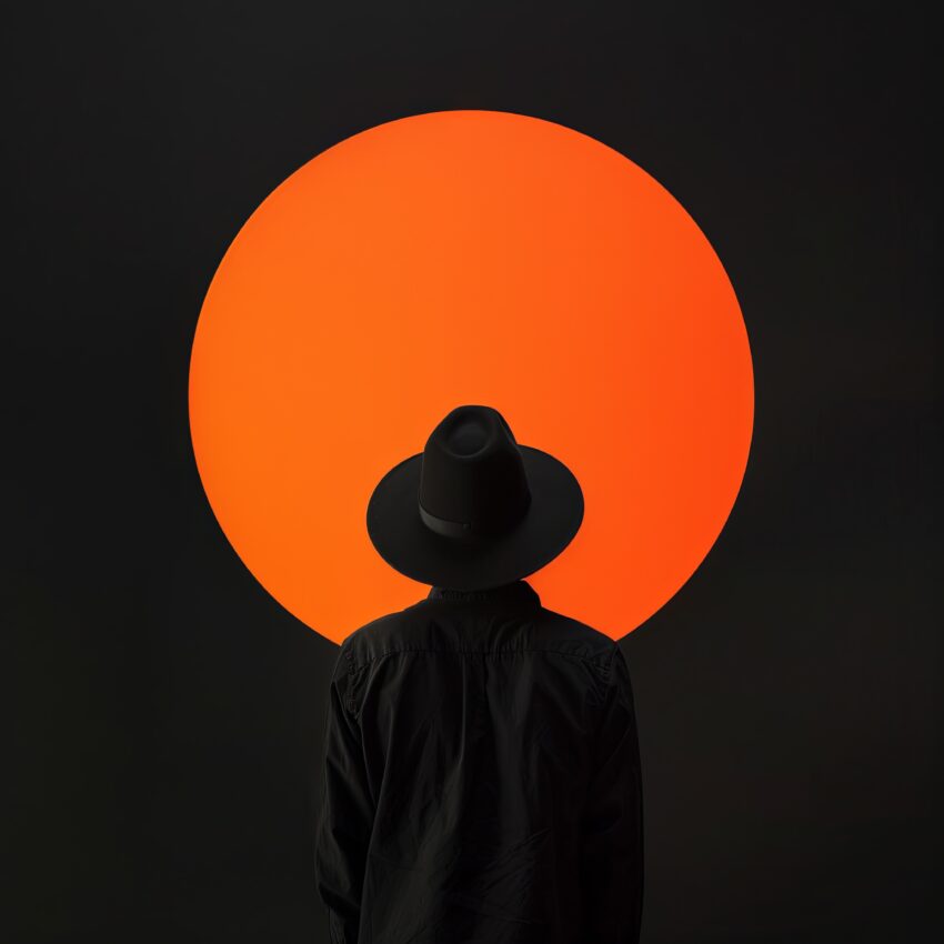 Fotografie Poster Mann schwarzer Hut orange Kreis minimalistisch