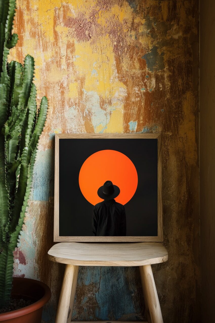 Fotografie Poster Mann schwarzer Hut orange Kreis minimalistisch