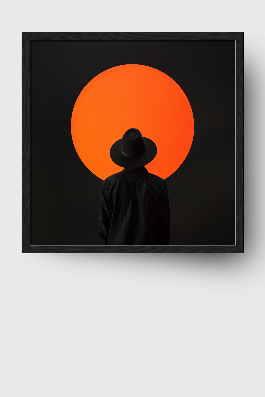 Fotografie Poster Mann schwarzer Hut orange Kreis minimalistisch